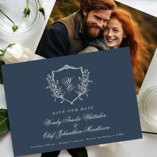 Save The Date Vintage Floral Crest Marine & Crem Monogramme Phot