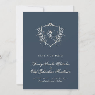 Save The Date Vintage Floral Crest Marine & Crem Monogramme Phot