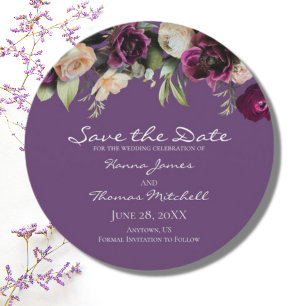 Save The Date Vintage floral foncé Lavande ronde Mariage