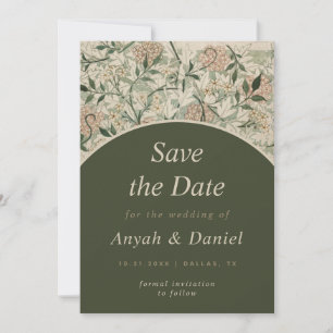 Save The Date Vintage Floral Jardin Crème Moss Green Arch Nature