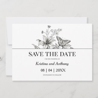 Save The Date Vintage Floral noir et blanc Mariage