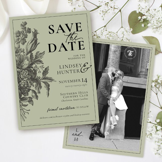 Save The Date Vintage Floral Sage Green Black Boho Photo Wedding (Unique sage green modern vintage floral boho botanical photo monogram wedding save the date card )