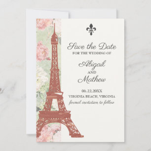 Save The Date Vintage Floral Tour Eiffel Paris Mariage vert