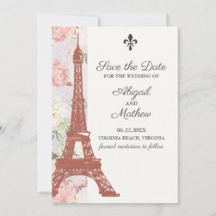 Save The Date Vintage Floral Tour Eiffel Paris Mariage violet