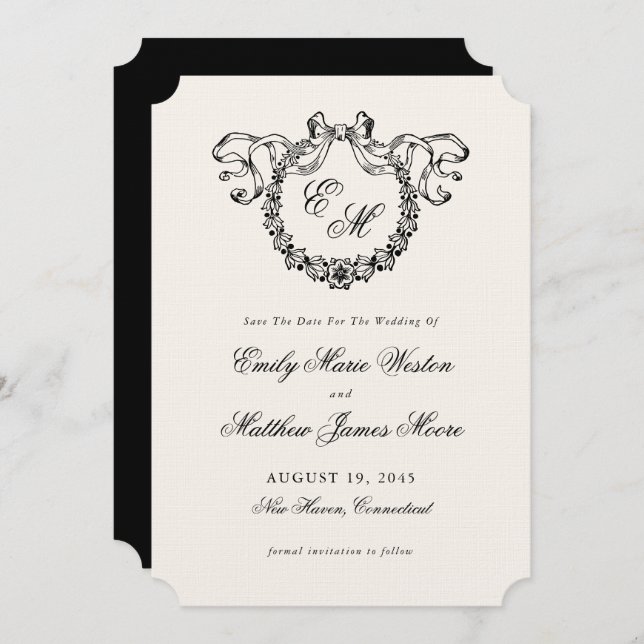 Save The Date Vintage French Monogram Wreath Elegant Wedding (Devant / Derrière)