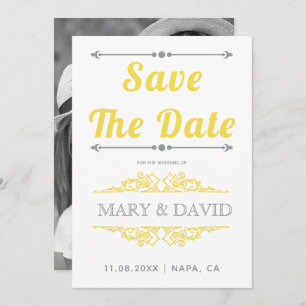 Save The Date Vintage gris, jaune typographie Enregistrer la dat