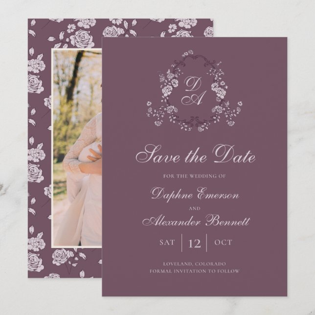 Save The Date Vintage Monogrammé Botanique Bordeaux (Devant / Derrière)