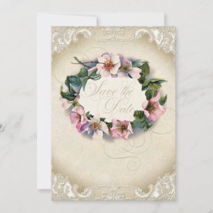 Save The Date Vintage Monogramme Dentelle Rose Rose Saumon Tourb