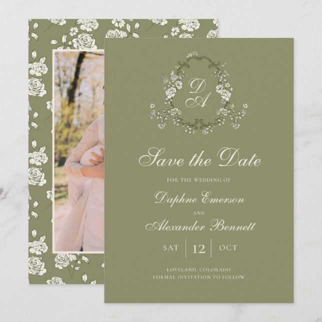 Save The Date Vintage Monogrammé Vert Sauge Botanique (Devant / Derrière)
