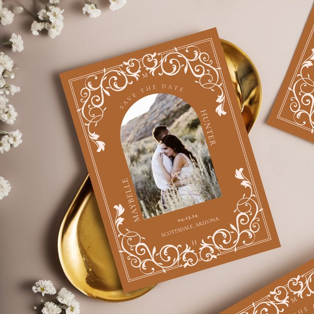 Save The Date Vintage Parchemin Flourissant Terracotta Photo (Vintage Antique Flourish Scroll Terracotta Photo Save The Dat)