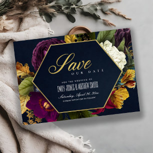 SAVE THE DATE VINTAGE RETRO BURGUNDY OCHRE MAROON CHUTE FLORAL