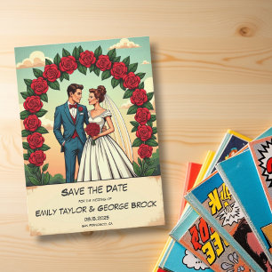Save The Date Vintage Retro Romantic Couple Comic Floral Mariage