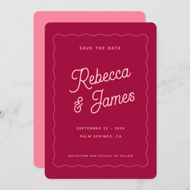 Save The Date Vintage Retro rose Fuchsia Mariage (Devant / Derrière)