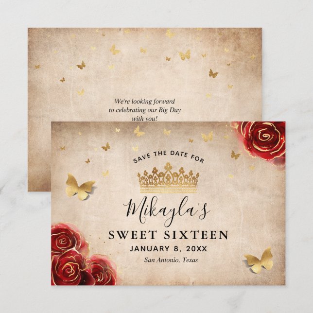 Save The Date Vintage Rose Gold Parchemin Élégant Rouge (Devant / Derrière)