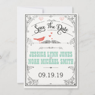 Save The Date Vintage Rustic Hearts Mint Coral Enregistrer la da