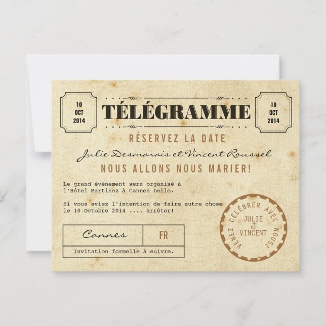 Save The Date Vintage Télégramme Réservez la Date (Devant)
