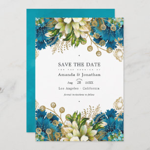 Save The Date Vintage Turquoise et Gold Chic Floral Mariage