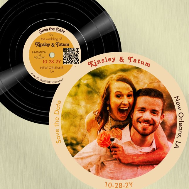 Save The Date Vinyl Enregistrer la photo Enregistrer la date QR  (Vintage vinyl record Save the Date with your photo)