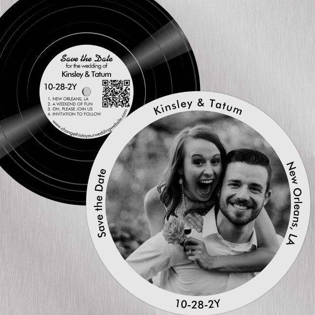 Save The Date Vinyl Enregistrer la photo Enregistrer la date Sof (Vinyl record paper save the date with your photo. Soft grey label)