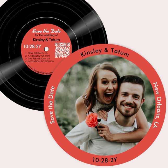 Save The Date Vinyl Enregistrer la photo Enregistrer la date Vin (Vintage Vinyl Record Photo Save the Date in Retro Red)