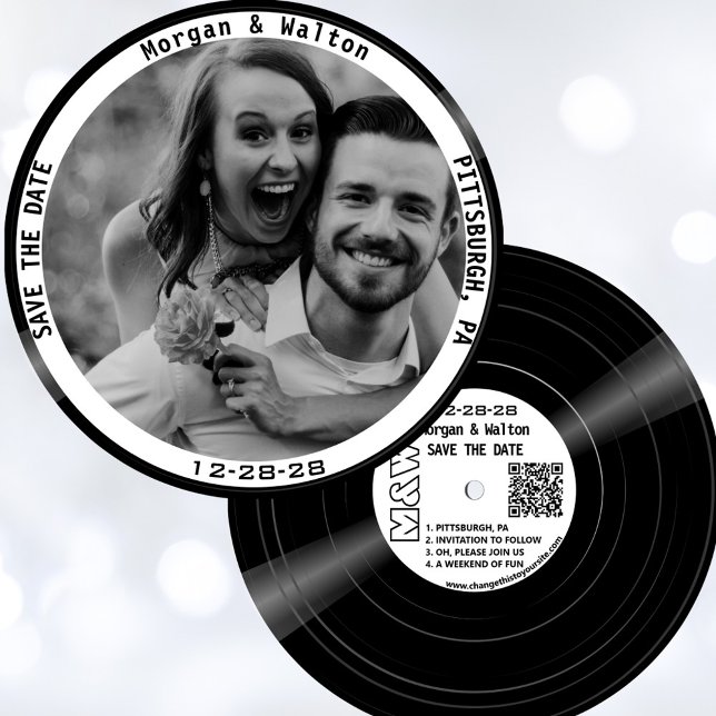 Save The Date Vinyl Record Monogramme Photo - Blanc (Vinyl record style save the date with your photo, monogram, wedding website and QR code.)