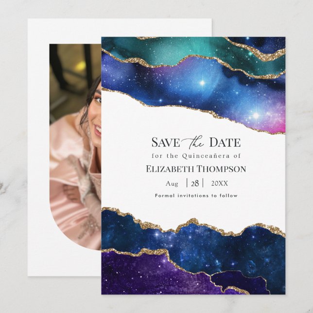 Save The Date Violet Bleu Or Marbre Douce 15 Quinceañera (Devant / Derrière)