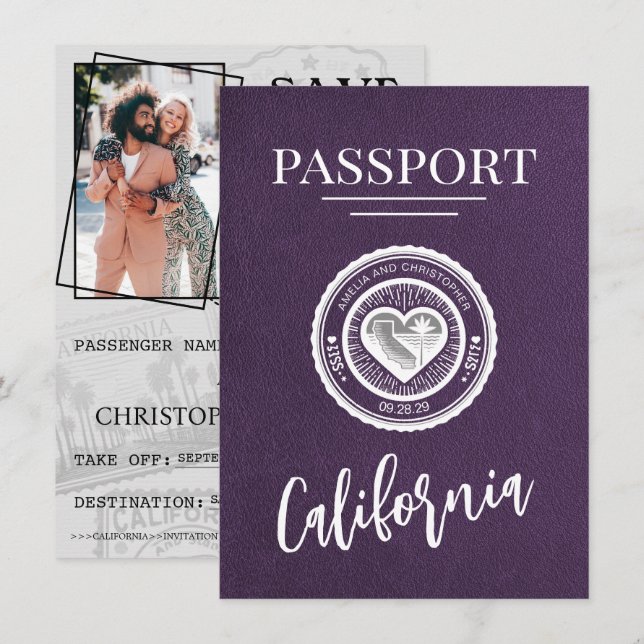 Save The Date Violet California Passport Enregistrer La Date (Devant / Derrière)
