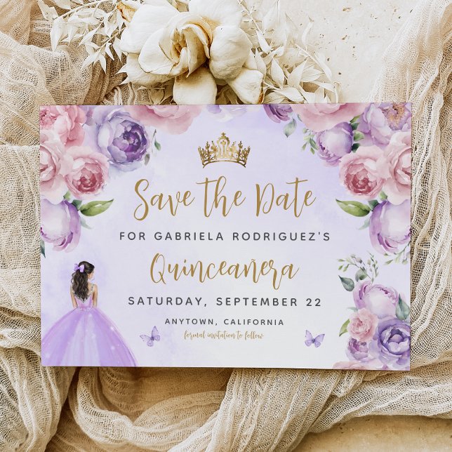 Save The Date Violet Clair Doré Aquarelle Fleurs Quinceañera (Créateur téléchargé)