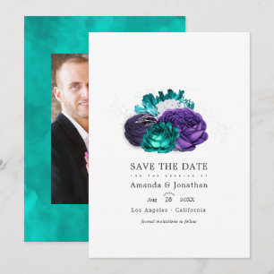Save The Date Violet et Turquoise Fleurs Mariage Photo Enregistr