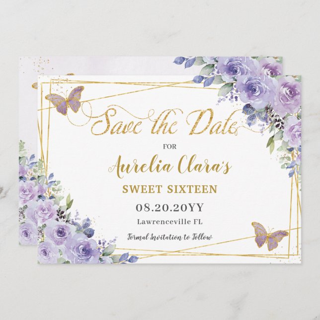 Save The Date Violet Lilac Floral Quinceañera Sweet sixteen (Devant / Derrière)