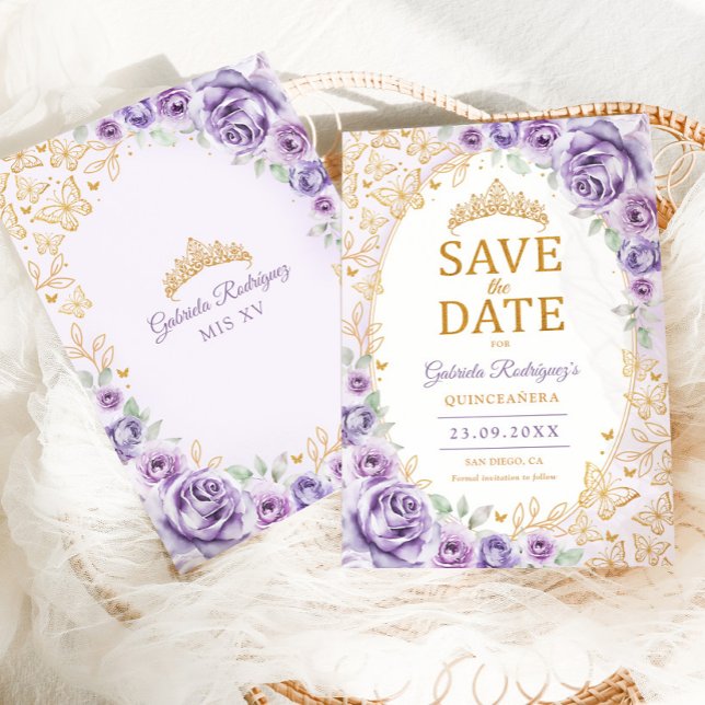 Save The Date Violet Pourpre Or Floral Quinceanera (Créateur téléchargé)
