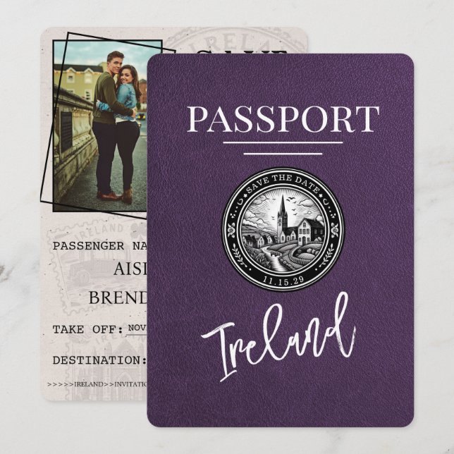 Save The Date Violet Purple Ireland Passeport Enregistrer La Dat (Devant / Derrière)