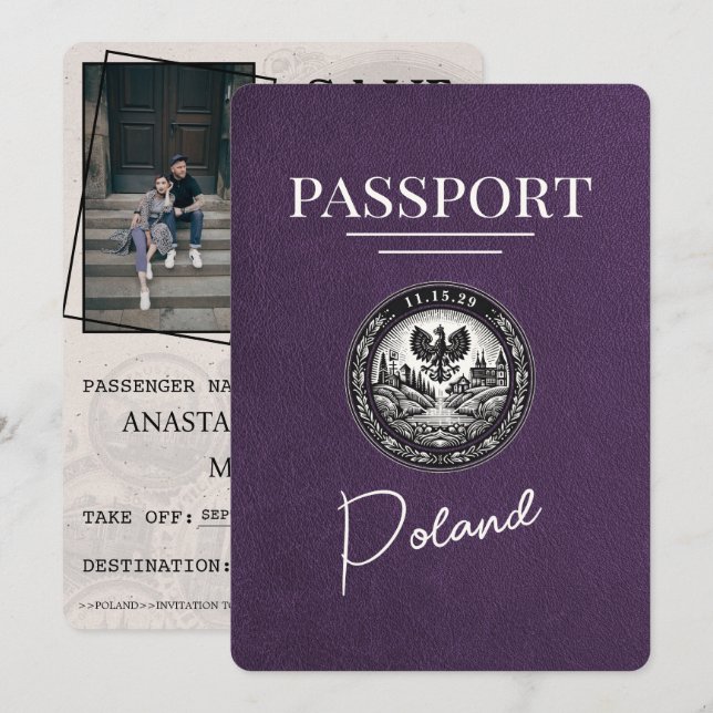 Save The Date Violet Purple Pologne Passeport Enregistrer La Dat (Devant / Derrière)