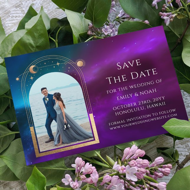 Save The Date Violet sarcelle or soleil lune étoiles célestes (Créateur téléchargé)