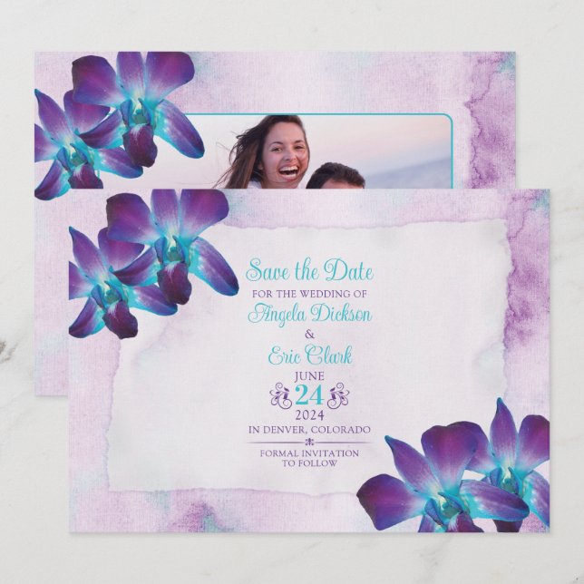 Save The Date Violet Turquoise Bleu Dendrobium Mariage orchidée (Devant / Derrière)