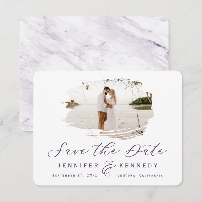 Save The Date Violet violet romantique brossé cadre avec photo (Devant / Derrière)