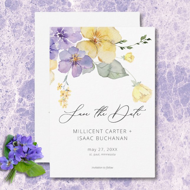Save The Date Violets violets et jaunes modernes Mariage floral (Modern Purple & Yellow Violets Floral Wedding Save the Date)