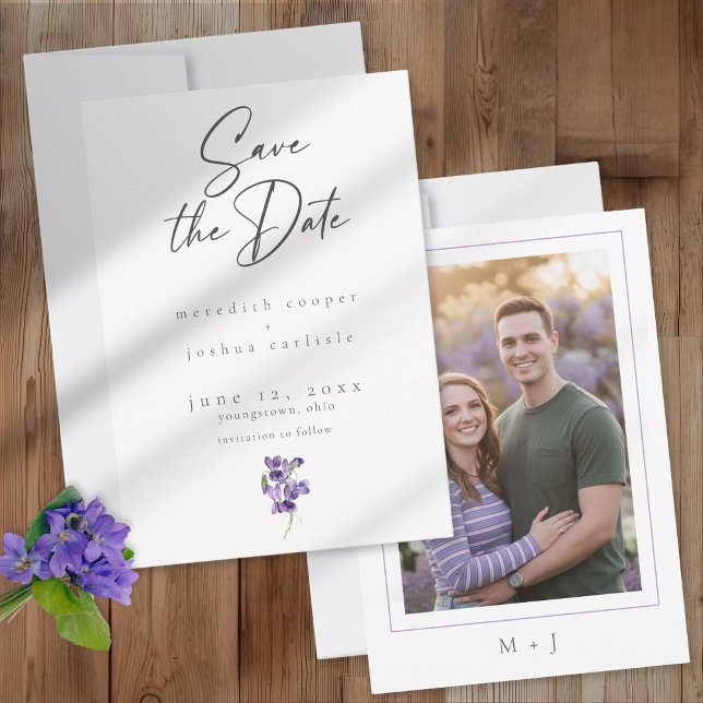 Save The Date Violets Watercolor Minimal Elegant Wedding Photo (Créateur téléchargé)