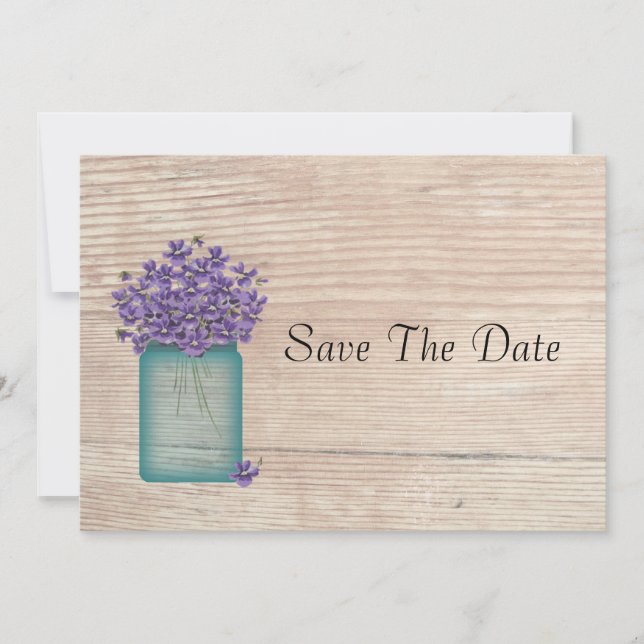 Save The Date Violettes Mason Bleu Jar Enregistrer La Date (Devant)