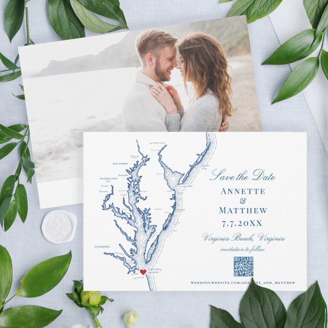 Save The Date Virginia Beach Wedding Elegant Navy Code QR (These Virginia Beach Save the Dates are perfect for your destination wedding in Virginia)