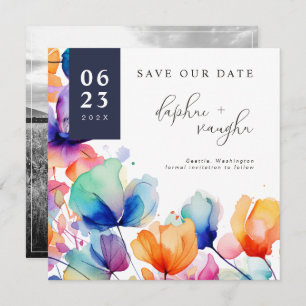 Save The Date Vivid Aquarelle Fleurs & Photo Enregistrer La Date