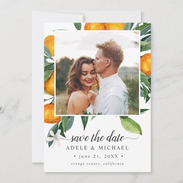 Save The Date Vivid Tangerine Orange Bouquet photo enregistrer l (Devant)