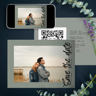 Save The Date Voies latérales QR Code Moderne Simple Photo Moss