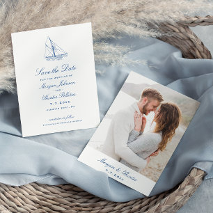 Save The Date Voilier Elegant Marine Blue Mariage Photo