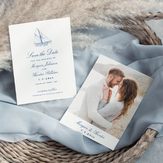 Save The Date Voilier Elegant Marine Blue Mariage Photo