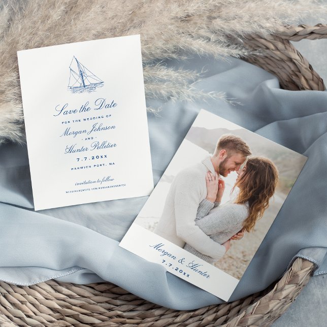 Save The Date Voilier Elegant Marine Blue Mariage Photo (Sailboat and Waves Wedding Save the Date with Photo for an Elegant Navy Blue Yacht Club Wedding)