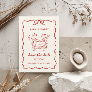 Save The Date Voiture de mariage à arc rouge unique dessiné à la