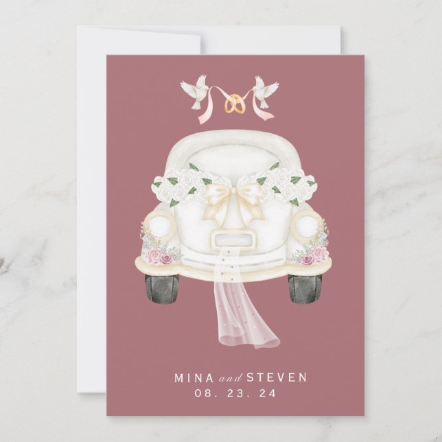 Save The Date voiture de mariage rose floral (Devant)