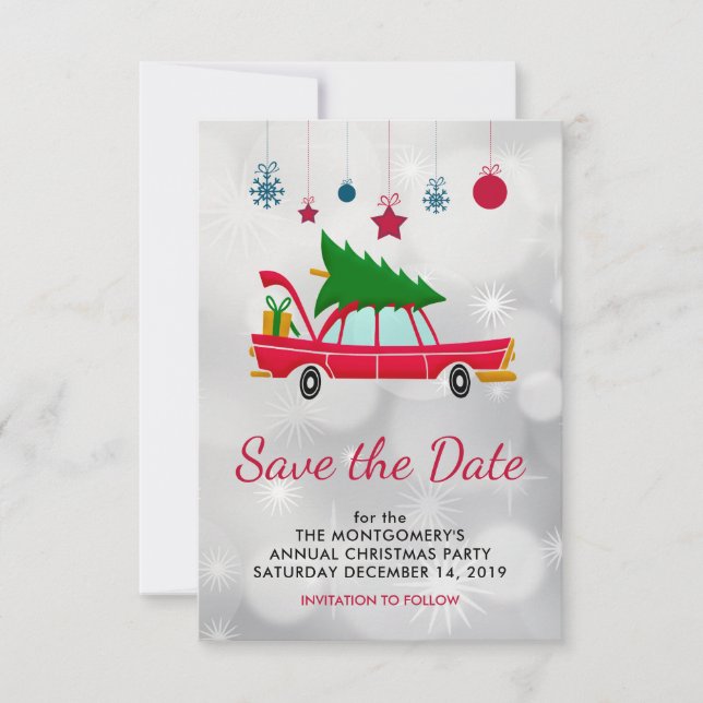 Save The Date Voiture rouge rétro portant un arbre de Noël (Devant)
