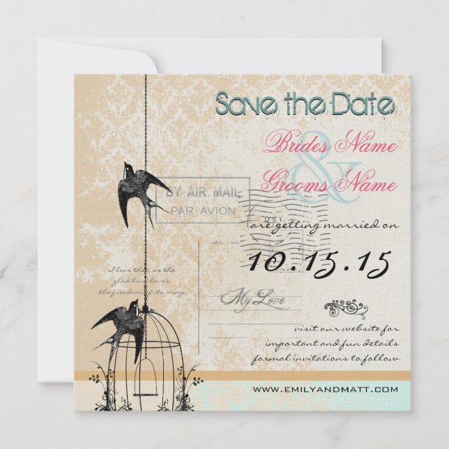 Save The Date Votre Photo Cage à Oiseaux en Damassé Mariage Sauv (Devant)